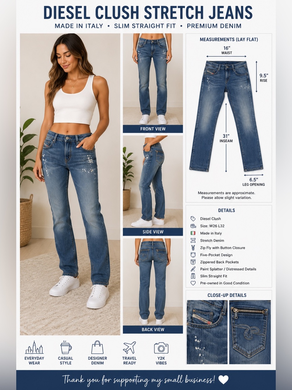 Diesel Clush Stretch Jeans Made in Italy Women's Size 26x32 Blue Slim Straight